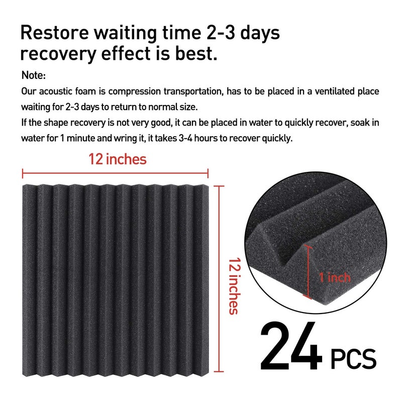 Focusound 24 Pack Acoustic Foam Panels 1" x 12" x 12" Sound Proof Foam Panles Soundproofing Noise Cancelling Wedge Panels for Home Office Recoding Studio with 240PCS Double-Side Adhesive - Image 5